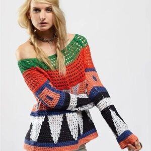 Free People Modern Art Geo Open Knit Multicolor Combo Sweater Size Medium